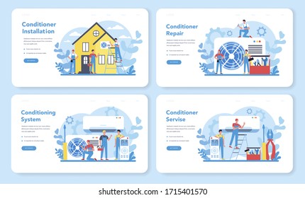 Air conditioning repair and instalation service web banner or landing page set. Repairman installing, examining and repairing conditioner with special tools and equipment. Isolated vector illustration