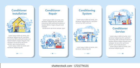 Air conditioning repair and instalation service mobile application banner set. Repairman installing, examining and repairing conditioner with special tools and equipment. Isolated vector illustration