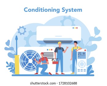 Air conditioning repair and instalation service concept. Repairman installing, examining and repairing conditioner with special tools and equipment. Isolated vector illustration