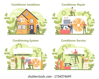 Air conditioning repair and instalation service concept set. Repairman installing, examining and repairing conditioner with special tools and equipment. Isolated vector illustration