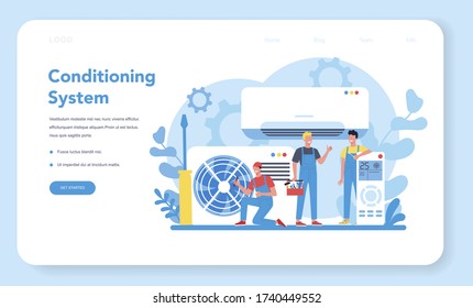 Air conditioning repair and instalation service web banner or landing page. Repairman installing, examining and repairing conditioner with special tools and equipment. Isolated vector illustration