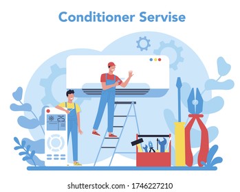 Air conditioning repair and instalation service concept. Repairman installing, examining and repairing conditioner with special tools and equipment. Isolated vector illustration