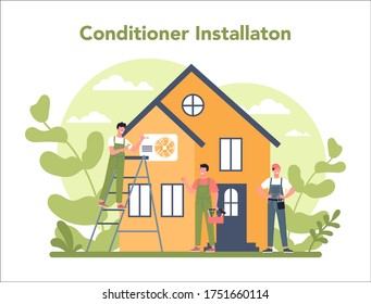 Air conditioning repair and instalation service concept. Repairman installing, examining and repairing conditioner with special tools and equipment. Isolated vector illustration