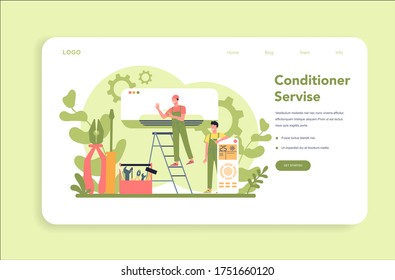 Air conditioning repair and instalation service web banner or landing page. Repairman installing, examining and repairing conditioner with special tools and equipment. Isolated vector illustration