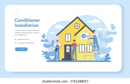 Air conditioning repair and instalation service web banner or landing page. Repairman installing, examining and repairing conditioner with special tools and equipment. Isolated vector illustration