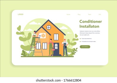 Air conditioning repair and instalation service web banner or landing page. Repairman installing, examining and repairing conditioner with special tools and equipment. Isolated vector illustration