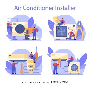 Air conditioning repair and instalation service set. Repairman installing, examining and repairing conditioner with special tools and equipment. Isolated vector illustration