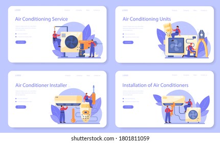 Air conditioning repair and instalation service web banner or landing page set. Repairman installing, examining and repairing conditioner with special tools and equipment. Isolated vector illustration