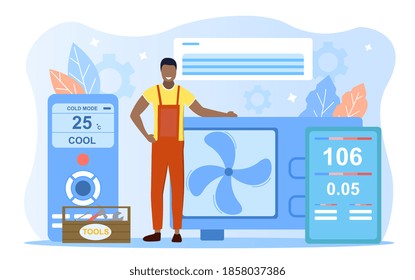 Air conditioning repair and instalation service concept. Repairman installing, examining and repairing conditioner with special tools and equipment. Cartoon flat vector illustration. Website template