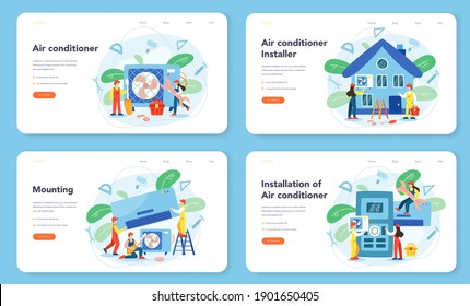 Air conditioning repair and mounting service web banner or landing page set. Repairman installing, examining and repairing conditioner with special tools and equipment. Isolated vector illustration