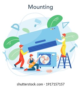 Air conditioning repair and mounting service. Repairman installing, examining and repairing conditioner with special tools and equipment. Isolated vector illustration