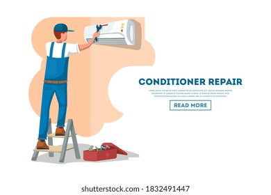 Air Conditioning Repair. Repairman Technician Man Repairing Air Conditioner. Air Conditioning Unit Repair And Maintenance Professional Service Banner Vector Illustration