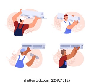 Air conditioning repair technicians and service workers, flat cartoon vector illustration isolated on white background. Maintenance and installation of air conditioners.