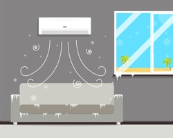 Air Conditioning In The Room Creates A Winter Though Outside The Summer. Vector Illustration