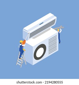 Air conditioning service isometric 3d vector illustration concept for banner, website, illustration, landing page, flyer, etc.