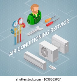 Air conditioning service. Isometric interior repairs concept. Worker, equipment and items isometric icon. Builder in uniform, professional tools, conditioners. Vector flat 3d illustration.
