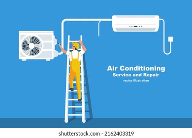 Air conditioning service landing page. Installation of air conditioner. Repairman character installing cold ventilation. Repair climate control. Vector illustration flat design. Isolated background.