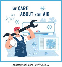 Air conditioning service promotion banner or flyer mockup, flat cartoon vector illustration. Installation and maintenance of air conditioners, repair services.