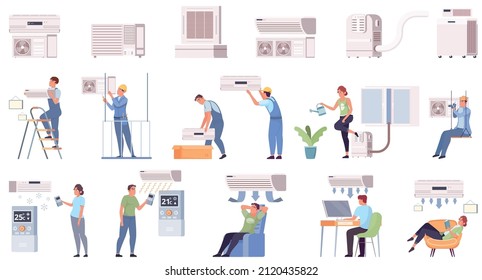 Air conditioning set with flat icons and isolated images of users maintenance workers and conditioner parts vector illustration