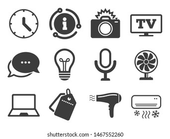 Air conditioning sign. Discount offer tag, chat, info icon. Home appliances, device icons. Photo camera, computer and ventilator symbols. Classic style signs set. Vector