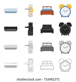 Air conditioning, sign Stop on the door handle, bed in the hotel room, alarm clock. Hotel set collection icons in cartoon black monochrome outline style vector symbol stock illustration web.