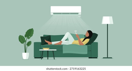 Sistema de aire acondicionado dividido en el hogar y mujer india relajándose en el sofá, ella está utilizando el control remoto de CA