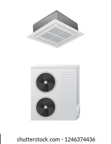 The air conditioning split system vector illustration. Outdoor and indoor unit. Ceiling Cassette.