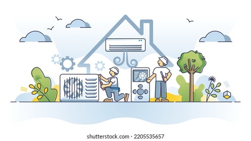 Sistema de aire acondicionado con el concepto de contorno de temperaturas climáticas de enfriamiento de CA. Instalación de ventiladores de soplado con la ilustración vectorial del servicio profesional del trabajador de HVAC. Unidad de control de calor interior.