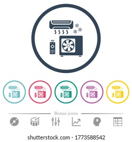 Air conditioning system flat color icons in round outlines. 6 bonus icons included.
