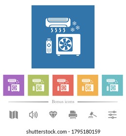 Air conditioning system flat white icons in square backgrounds. 6 bonus icons included.