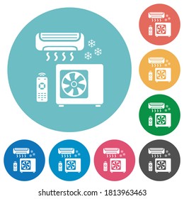 Air conditioning system flat white icons on round color backgrounds