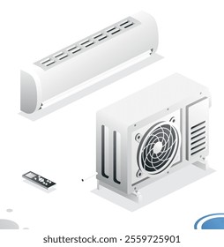Air Conditioning System. Isometric Concept. Outdoor Unit with Indoor and Remote Controller. Household Equipment for Cooling, Cleaning and Heating Air. Ventilation. Vector Illustration.