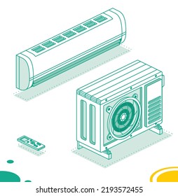 Air Conditioning System. Isometric Outline Concept. Outdoor Unit with Indoor and Remote Controller. Household Equipment for Cooling, Cleaning and Heating Air. Ventilation. Vector Illustration.