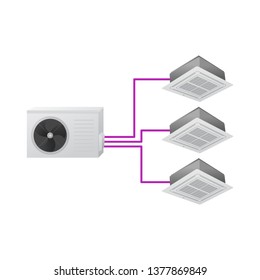 The air conditioning system. Multi split. One outdoor and three indoor unit. Ceiling Cassette. Vector illustration.