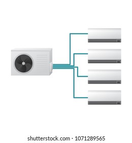 The air conditioning system vector illustration. HVAC. One outdoor and four indoor unit. The cooling of the air in the house.