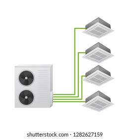 The air conditioning system. Vector illustration. Multi split. One outdoor and four indoor unit. Ceiling Cassette.