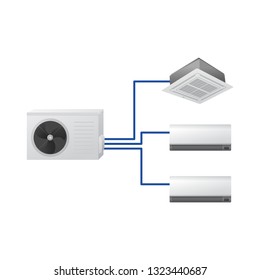 The air conditioning system vector illustration. Multi split. One outdoor and three indoor unit. Ceiling Cassette and wall mounted.