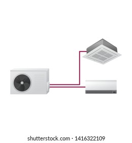 The air conditioning system vector illustration. Multi split. One outdoor and two indoor unit. Ceiling Cassette and wall mounted.