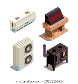 Air conditioning systems. Cooling heating generators compressor pressure pipe vector isometric collection