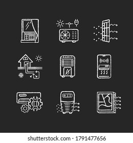 Air conditioning technologies chalk white icons set on black background. Different air cooling systems and domestic appliances. Modern ventilation devices. Isolated vector chalkboard illustrations