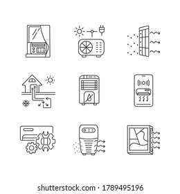 Air conditioning technologies linear icons set. Different air cooling systems and domestic appliances ustomizable thin line contour symbols. Isolated vector outline illustrations. Editable stroke