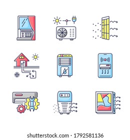 Air conditioning technologies RGB color icons set. Different air cooling systems and domestic appliances. Modern ventilation devices. Isolated vector illustrations