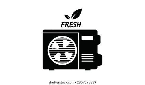 Air conditioning unit with leaf detail black and white silhouette airconditioner