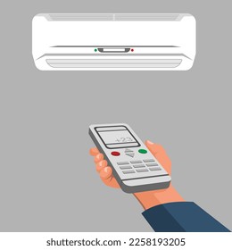 Air conditioning using the remote control. Person holds the air conditioner's remote control in hand. Vector illustration flat design. Isolated on white background. Climate control in the room. 