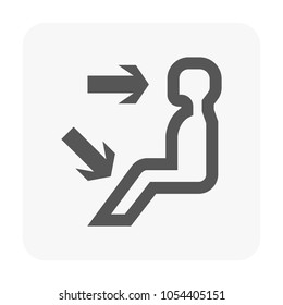 Air conditioning vector icon illustrating seated person with directional arrows indicating adjustable airflow for HVAC controls, automotive dashboards, user interface design, climate control systems.
