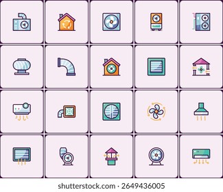Air conditioning and ventilation system icon set featuring various equipment designs