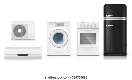 Air conditioning, washing machine, gas hob and black fridge, isolated 3D illustration with realistic shadows and reflections. Set icons of household appliances on a white background.