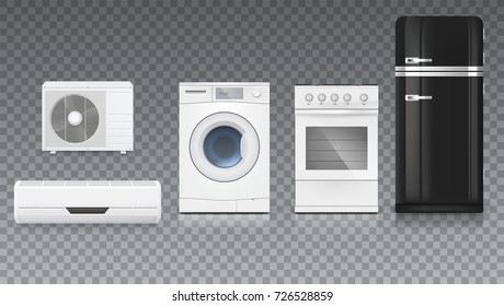 Air conditioning, washing machine, gas hob and black fridge, isolated 3D illustration with realistic shadows and reflections. Set icons of household appliances on a trasparent background.