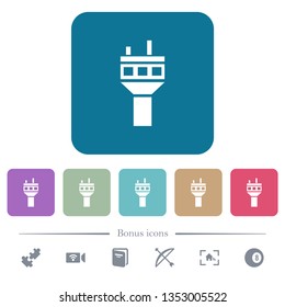 Air control tower white flat icons on color rounded square backgrounds. 6 bonus icons included