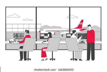 Air Controller Team Working with Plane on Runway. Male and Female Characters Wearing Headset Sitting in Special Area with Radar and Monitors Control Airplanes. Cartoon Flat Vector Illustration Linear